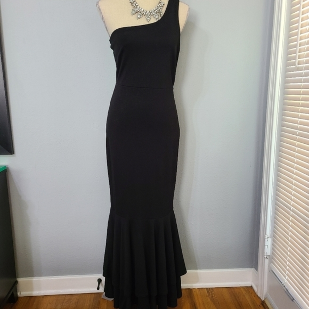 FORE One‎ Shoulder Ruffle Hem Long Cocktail Evening Dress